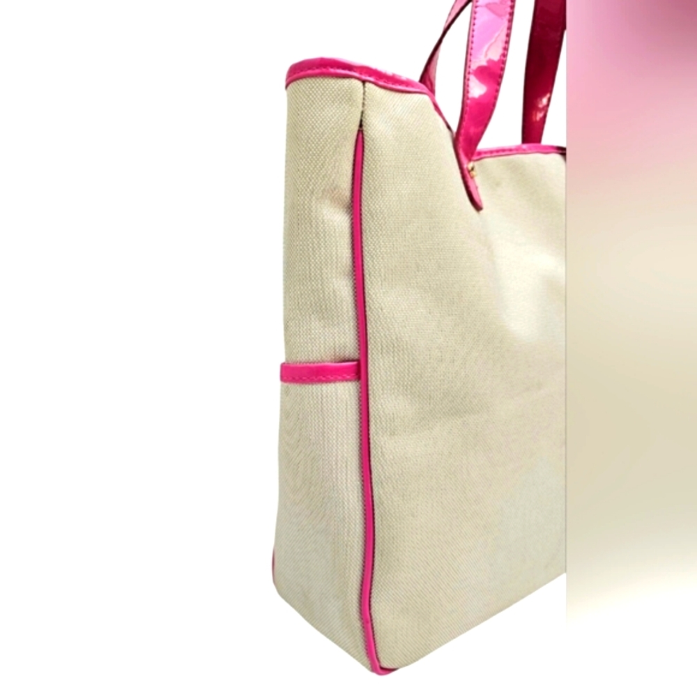 Victoria's Secret Pink Patent Leather & Cream Canvas Large Tote Bag Purse Beach - Picture 6 of 12
